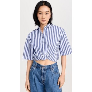 Puckered Stripe Short Sleeve Cropped Twist Shirt