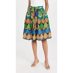 Cotton Wax Mixed Print Belted Midi Skirt