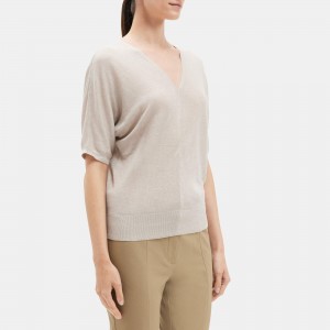 V-Neck Short-Sleeve Sweater in Knit Linen