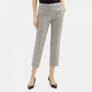 Slim Cropped Pull-On Pant in Stretch Linen-Blend Melange