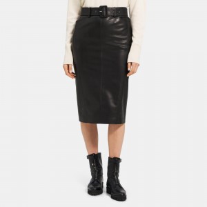 Belted Midi Skirt in Stretch Faux Leather