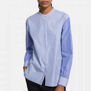 Striped Cotton Band-Collar Shirt