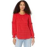 Keyhole Blouse with Ruffle Party Puckered Plaid/Scarlet