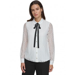 Long Sleeve Collar Blouse with Tie Ivory/Black