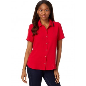 Short Sleeve Button Up With Ribbed Collar Scarlet