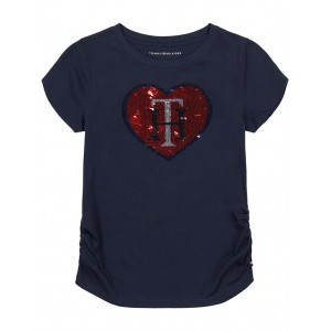 Tommy Hilfiger Heart Sequin Short Sleeve Tee (Big Kid) Navy Blazer