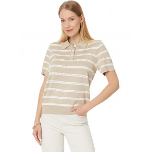 Short Sleeve Textured Stripe Polo Sweater Khaki Combo