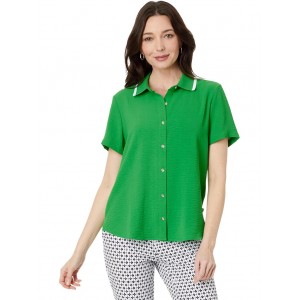 Short Sleeve Button Up With Ribbed Collar Fern