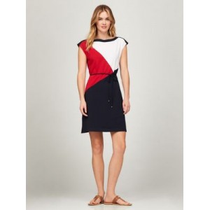 Belted Colorblock Stretch Cotton Dress