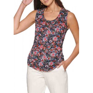 Womens Sleeveless Ruched Floral Blouse