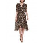 Womens Puff Sleeve Floral Chiffon Fit and Flare Dress
