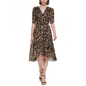 Womens Puff Sleeve Floral Chiffon Fit and Flare Dress