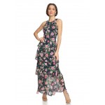 Womens Sleeveless Halter Floral Tiered Maxi Dress
