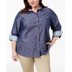 Plus Size Cotton Chambray Roll-Sleeve Shirt