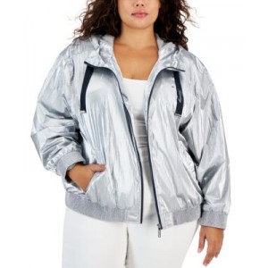 Plus Size Hooded Metallic Windbreaker