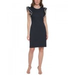 Womens Mini-Quilted Jacquard Flutter-Sleeve Dress