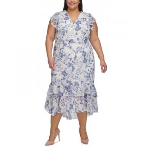 Plus Size Floral-Print Flutter-Sleeve Midi Dress
