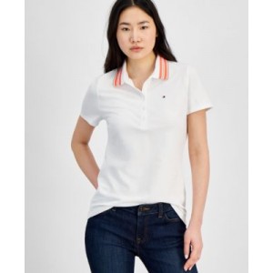 Womens Stripe-Collar Shirt-Sleeve Polo Shirt