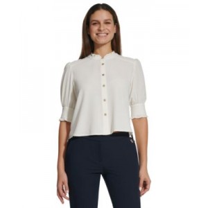 Womens Ruffle-Trim Puff-Sleeve Blouse