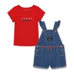 Baby Girls 2-Pc. Ribbed-Knit Logo Graphic T-Shirt & Printed Denim Shortalls Set