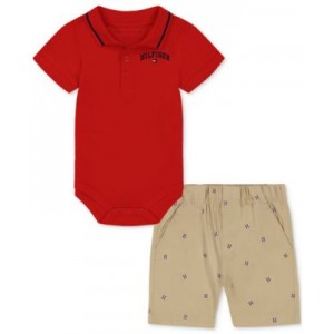 Baby Boys Tipped Polo Bodysuit & Printed Twill Shorts 2 Piece Set
