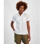 Womens Cotton Textured-Stripe Button Shirt