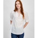 Womens Cotton Tonal-Stripe Puff-Sleeve Blouse