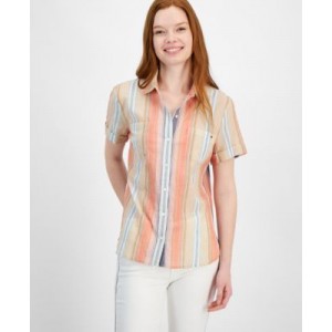 Womens Cotton Striped Short-Sleeve Shirt