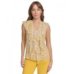 Womens Floral-Print Ruffled-Front Blouse