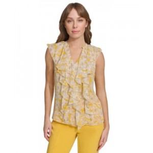 Womens Floral-Print Ruffled-Front Blouse