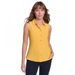 Womens Solid Button-Down Sleeveless Top