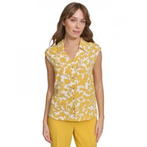 Womens Floral-Print Button-Down Collared Top