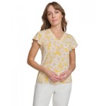 Womens Floral-Print Flutter-Sleeve Shirred-Shoulder V-Neck Top
