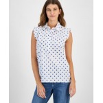 Womens Cotton Dot-Print Ruffled-Trim Top
