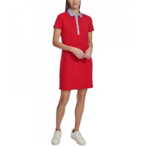 Womens Chambray-Collar Short Polo Dress