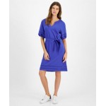 Womens Cotton Belted Puff-Sleeve Dress