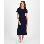 Womens Contrast-Stripe Ribbed Knit Midi Dress