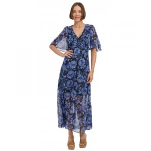 Womens Floral Flutter-Sleeve Maxi Dress