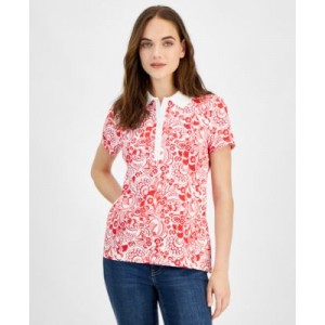 Womens Floral-Print Short-Sleeve Polo Top