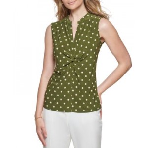 Womens Dot-Print Twist-Front Sleeveless Shirt