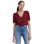 Womens Floral Balloon-Sleeve Tie-Front Blouse