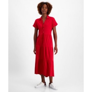 Womens Cotton Collared Tiered Maxi Dress