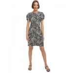 Petite Printed Round-Neck Ruched-Sleeve Dress