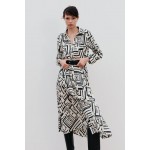 PRINTED SATIN EFFECT BELTED DRESS