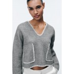 CONTRAST TOPSTITCHING CROP KNIT SWEATER