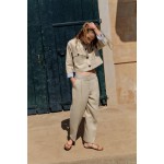 CROPPED LINEN-BLEND JACKET WITH CONTRAST CUFFS