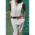 BELTED STRAIGHT LEG LINEN BLEND PANTS