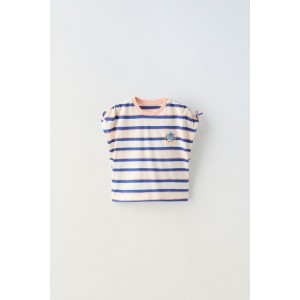 BOW TRIM EMBROIDERED STRIPED T-SHIRT