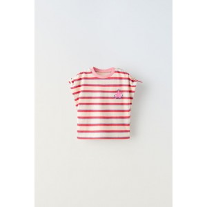 BOW TRIM EMBROIDERED STRIPED T-SHIRT