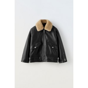 FAUX SHEARLING TRIM LEATHER JACKET